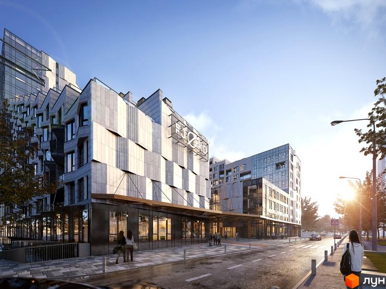 Зображення фасаду житлового комплексу Fjord. Багатоповерхова будівля з оригінальним оздобленням та великими вікнами, поруч тротуар.