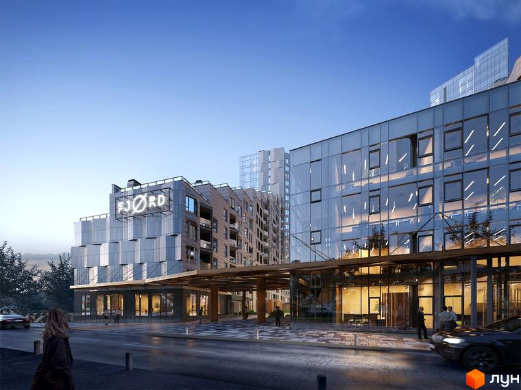 Житловий комплекс Fjord: багатоповерхові будівлі зі скляними та панельними фасадами. Поруч проїжджа частина, тротуар та вхідна група.