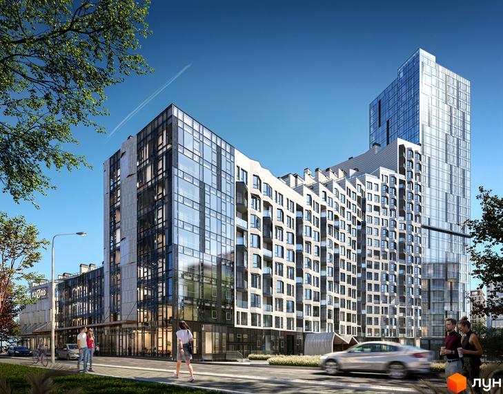 Житловий комплекс Fjord: багатоповерховий будинок зі скляними фасадами та вигнутою секцією з балконами, розташований біля дороги з пішохідною зоною та зеленими насадженнями.