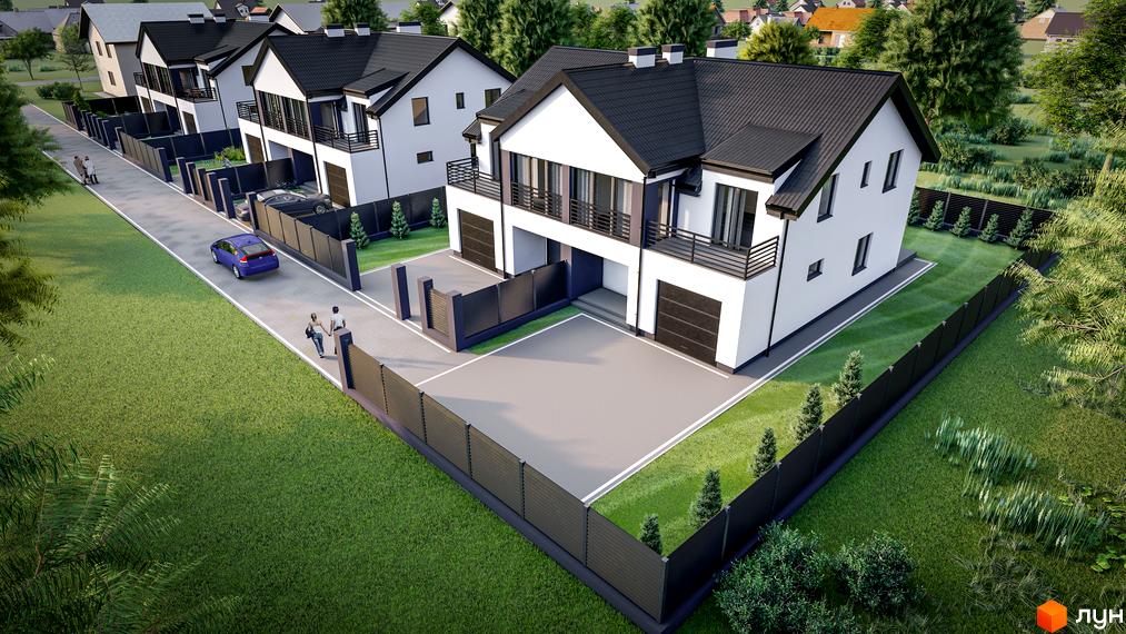 Зображення дуплексів у Житловому комплексі „Зубра River“ з чорною покрівлею та великими вікнами. Навколо будинків зелений газон та огорожа.