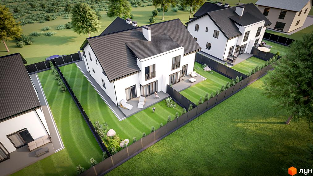 Зображення дуплексу в Котеджному містечку „Зубра River“ з великою прибудинковою територією та газоном.