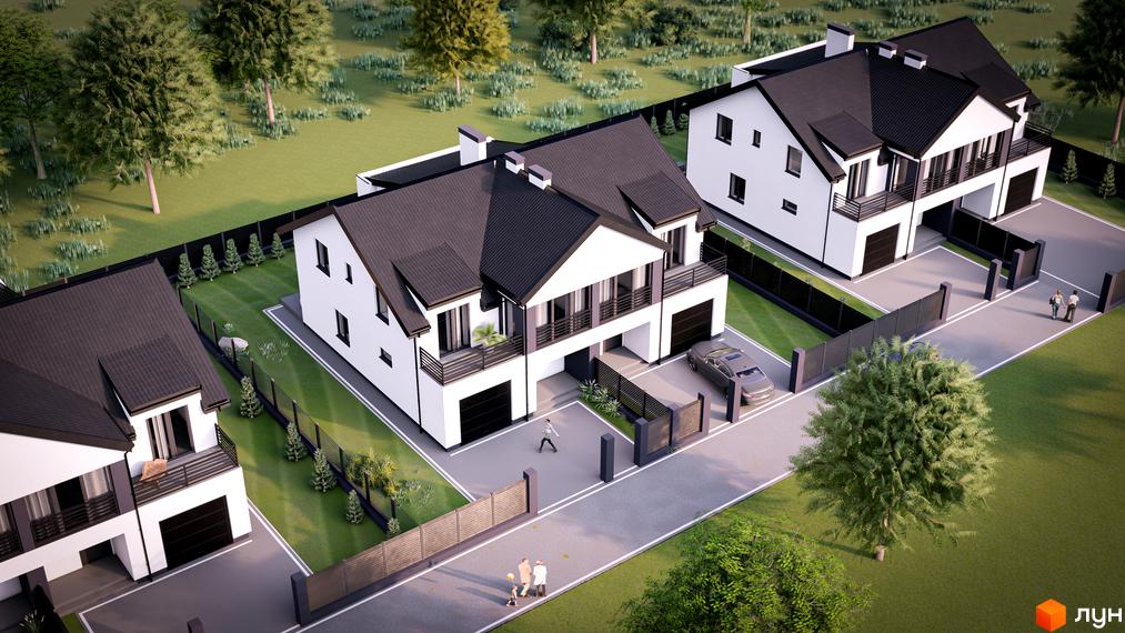 Зображення дуплексів у Житловому районі „Зубра River“ з чорним дахом та білими стінами. Навколо будинків зелена трава та дерева.