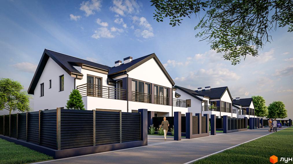 Зображення дуплексів Зубра River з чорними дахами та білими стінами. Перед будинками чорний паркан та асфальтована дорога.