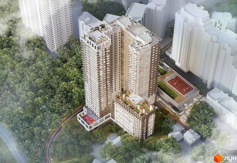 Житловий комплекс Park Hills з висотними будинками та прибудинковою територією, що включає спортивні майданчики і зелені зони.