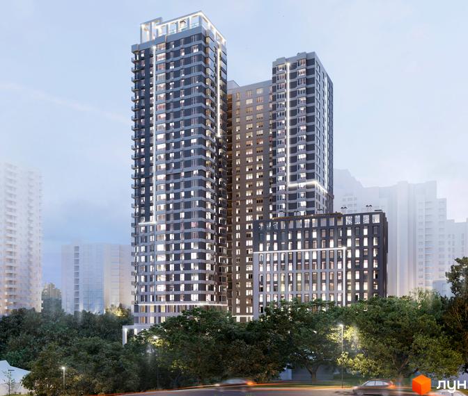 Житловий комплекс Park Hills з високими будинками та прибудинковою зеленою територією. Вид на фасад і навколишні дерева.