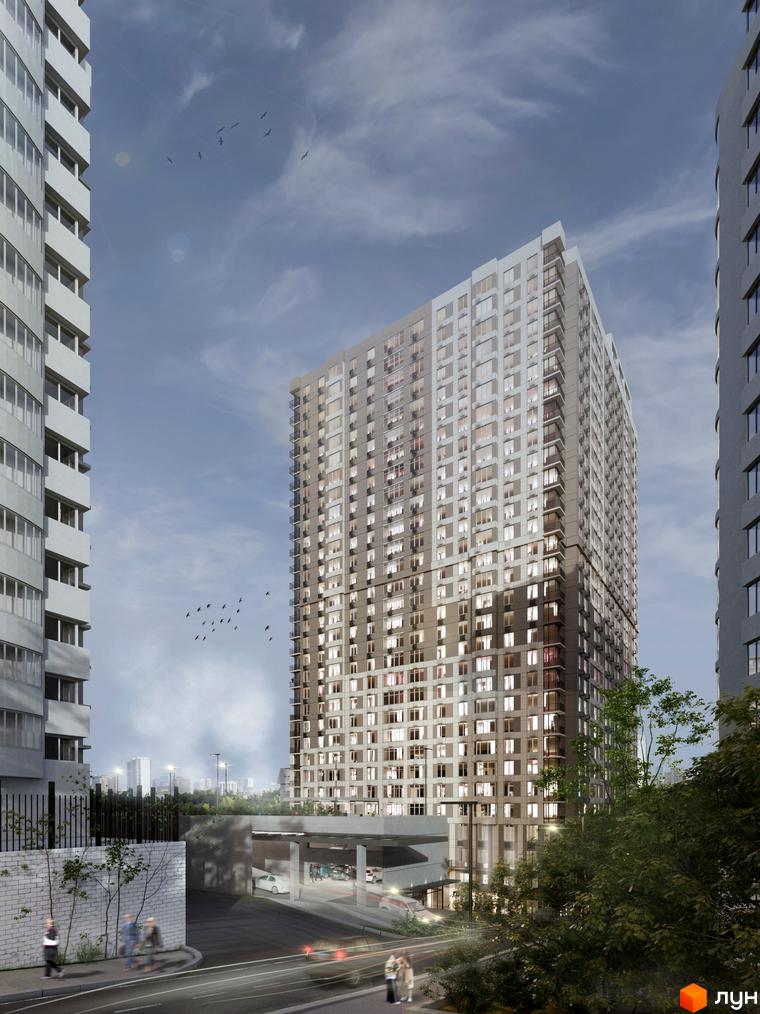 Житловий комплекс Park Hills з сучасною архітектурою та прибудинковою територією. Вид на будинок з парковкою та зеленими насадженнями.