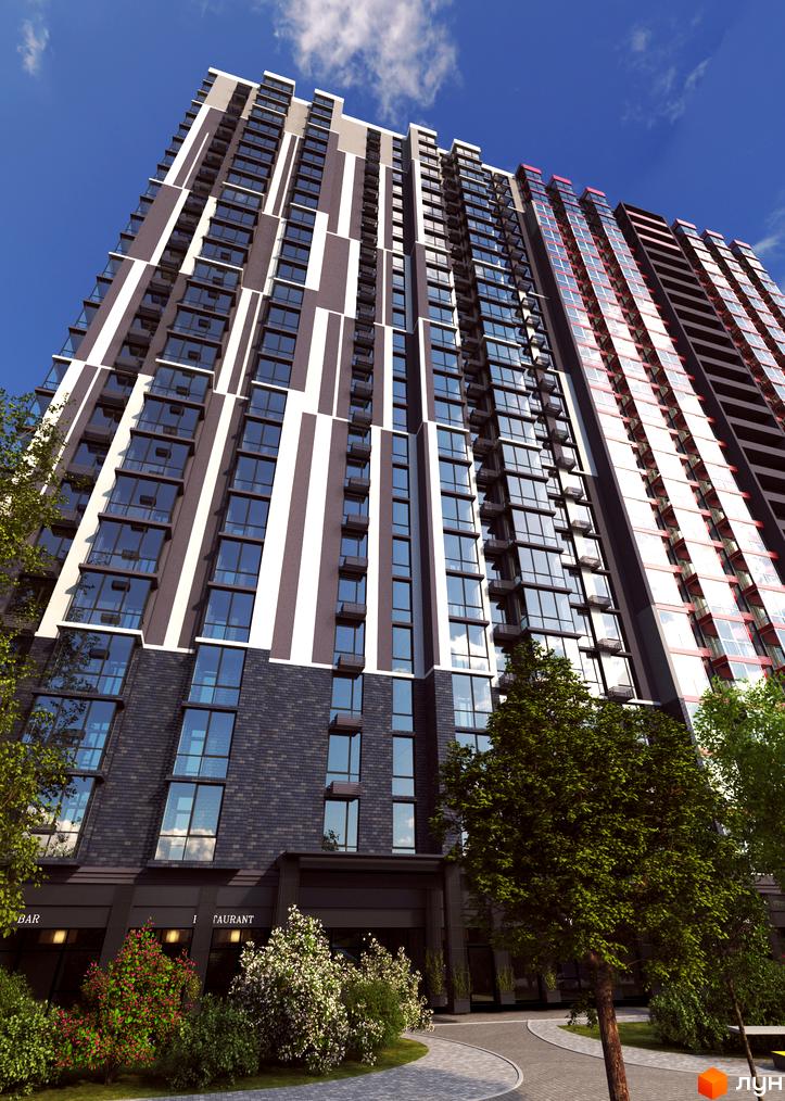 Фасад житлового комплексу 4U з багаторівневими вікнами та контрастним оздобленням. Навколо будівлі розташовані зелені насадження та доріжки.