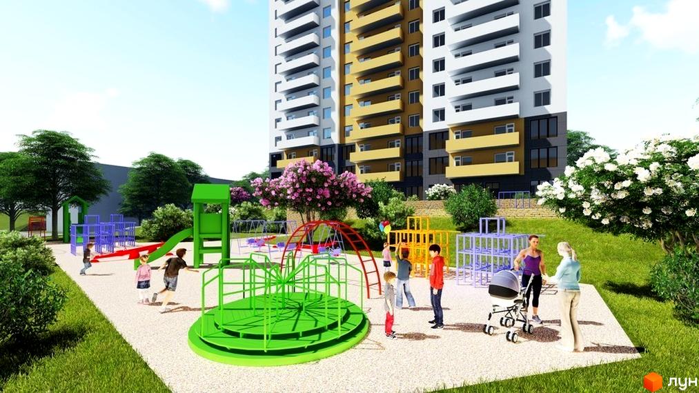 Житловий комплекс Голосіївський дворик з дитячим майданчиком. Багатоповерховий будинок з ігровою зоною для дітей та місцем для відпочинку.