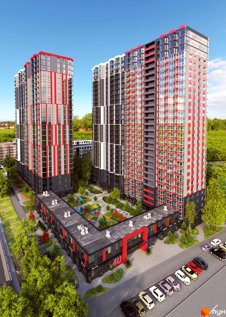 Зовнішній вигляд житлового комплексу 4U: високі будівлі з червоними та сірими фасадами, панорамними вікнами. Прибудинкова територія з дитячим майданчиком та парковкою.