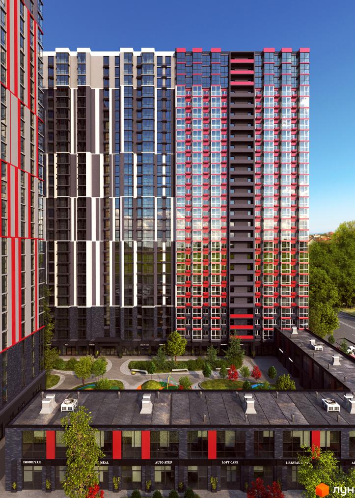 Зовнішній вигляд житлового комплексу 4U з червоними та сірими фасадами, скляними балконами та прибудинковою територією з зеленими насадженнями та зонами відпочинку.