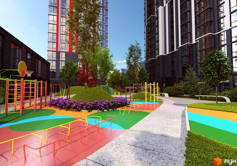 Житловий комплекс 4U: сучасний дитячий майданчик з яскравим покриттям, спортивними снарядами та зонами відпочинку між висотними будинками.