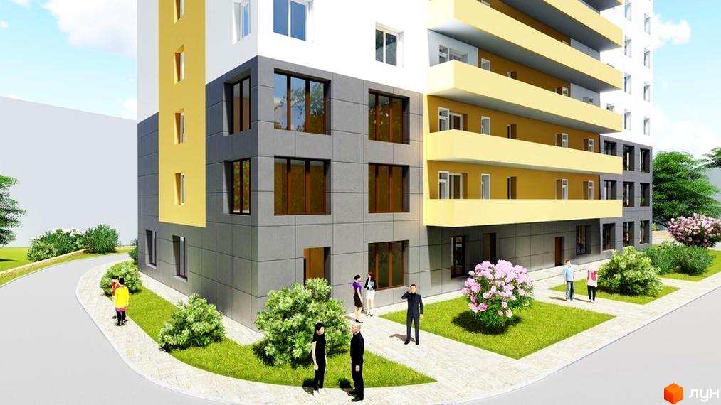 Зображення фасаду будинку Житловий комплекс Голосіївський дворик. Навколо будинку зелені насадження та пішохідна зона.