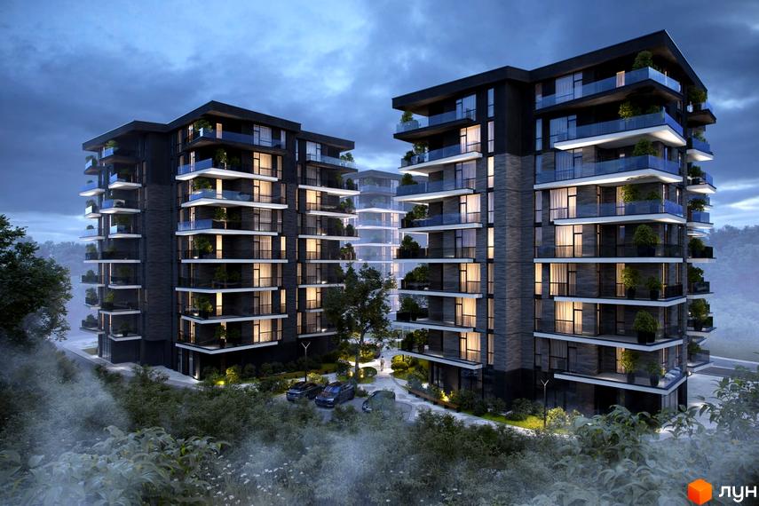 Високоповерхові будинки ЖК Artynov Hall з панорамними вікнами та терасами, озеленена прибудинкова територія з деревами та паркуванням.