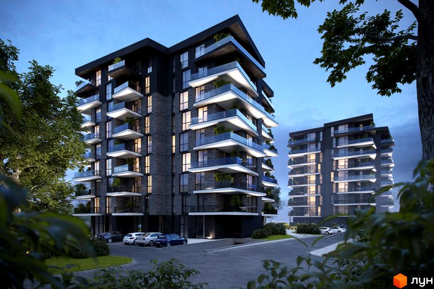 Житловий комплекс Artynov Hall: два багатоповерхові будинки з темним фасадом, білими балконами та скляними поручнями, оточені зеленню та парковкою.