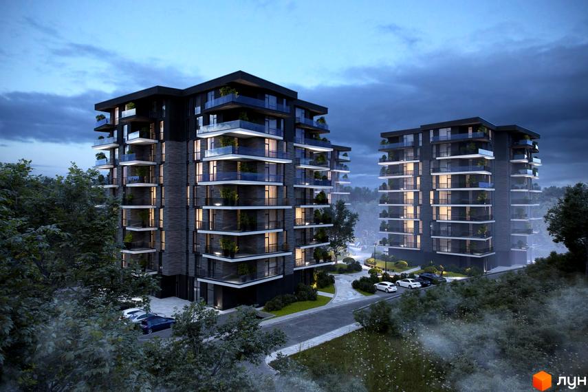 Житловий комплекс Artynov Hall з темними фасадами та скляними балконами. На території комплексу є парковка та зелені насадження.