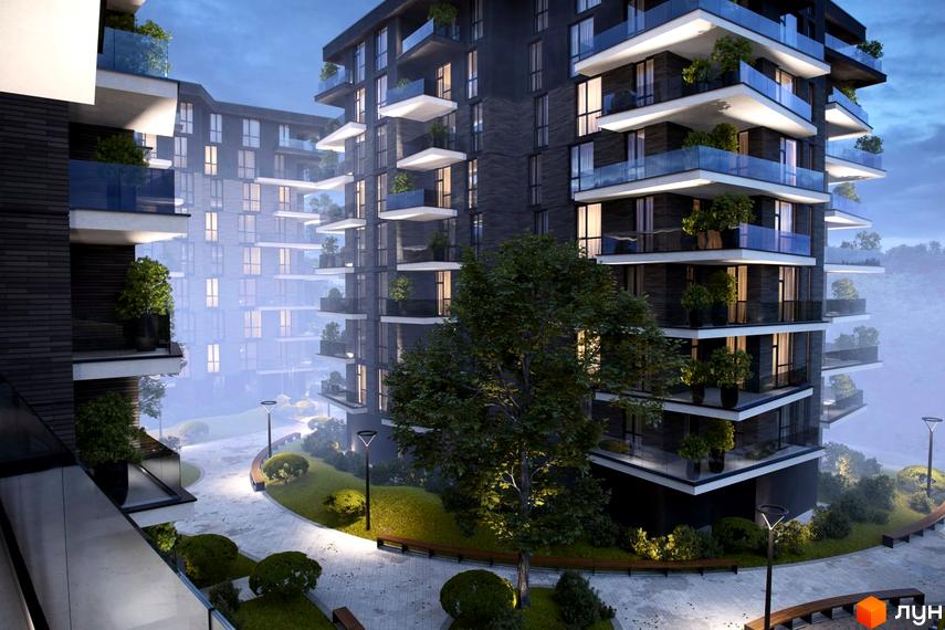 Житловий комплекс Artynov Hall з виступаючими балконами та скляними перилами, оточений доглянутою територією з деревами та освітленням.