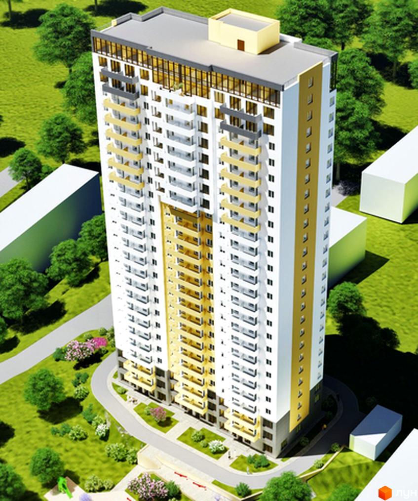 Зображення багатоповерхового будинку Житлового комплексу Голосіївський дворик з балконами. Навколо зелена територія з деревами та тротуарами.