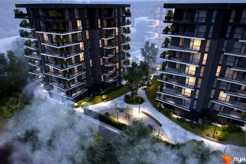 Високі будинки ЖК Artynov Hall з темним фасадом та великими балконами. На території комплексу є дитячий майданчик та зелені насадження.