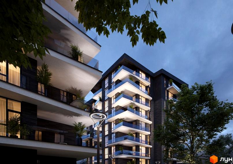 Висотна новобудова ЖК Artynov Hall з панорамними вікнами та відкритими терасами. На території комплексу висаджені дерева, що створюють затишну атмосферу.