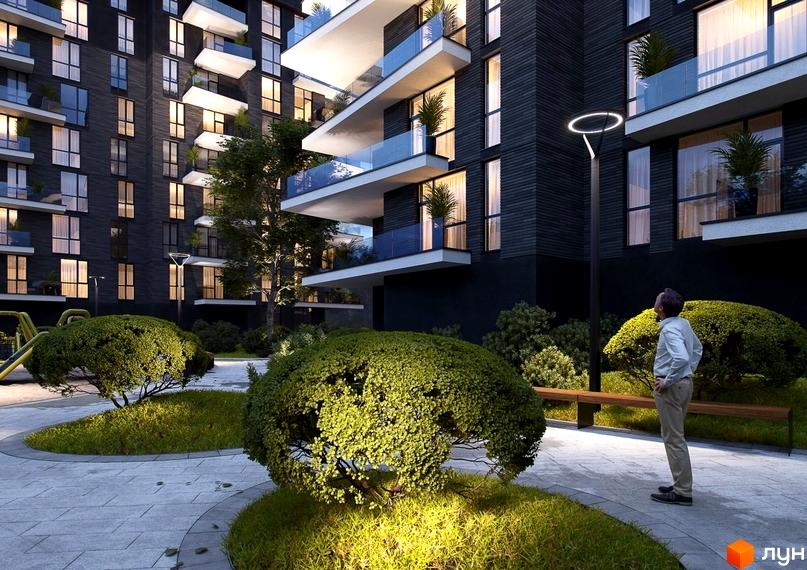 Житловий комплекс Artynov Hall з фасадами темного кольору, балконами зі скляними огородженнями та доглянутою прибудинковою територією з зеленими насадженнями.