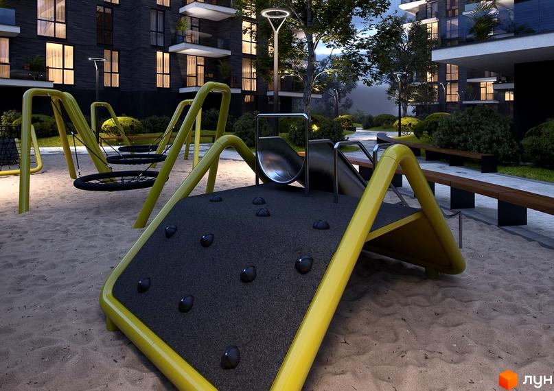 Новобудова Artynov Hall: багатоповерхові будинки з темним фасадом та великими вікнами, поруч дитячий майданчик з гойдалками та гіркою.