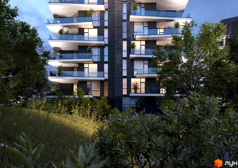 Висотна будівля ЖК Artynov Hall з панорамними вікнами та терасами, оточена зеленню та рослинами на прибудинковій території.