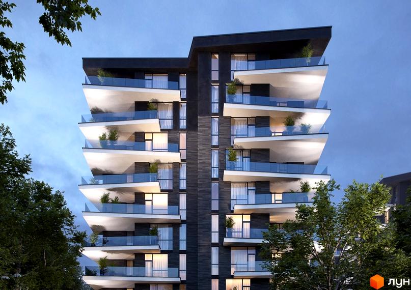 Житловий комплекс Artynov Hall з терасами та панорамними вікнами, розташований серед зелені дерев. Архітектура будівлі має чіткі лінії та сучасний дизайн.