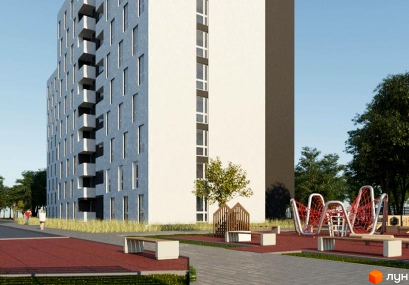 Зображення фасаду багатоповерхового будинку в Житловому комплексі Кріптон з облаштованою прибудинковою територією та дитячим майданчиком.
