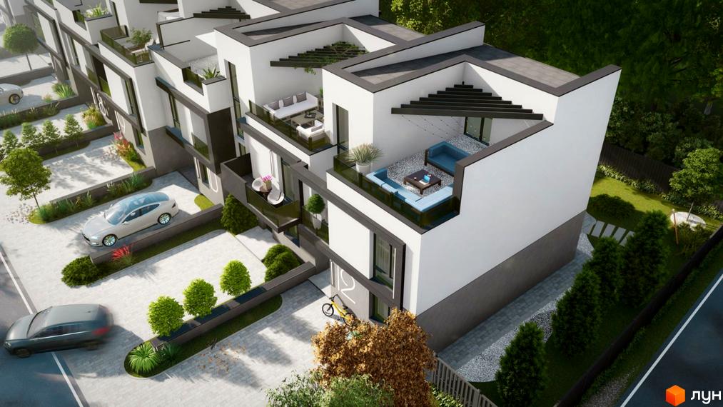 Таунхауси DreamVille з білими фасадами та темними дахами, з терасами та балконами, розташовані біля паркомісць та зеленої зони.