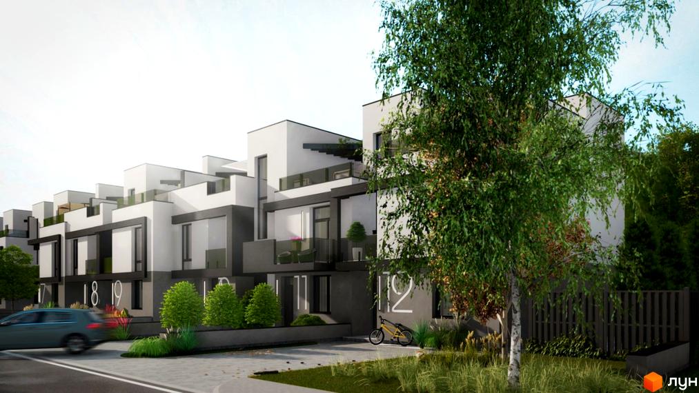 Таунхауси DreamVille з білими та сірими фасадами, великими вікнами та скляними балконами, розташовані біля зеленої зони з деревами та парканом.