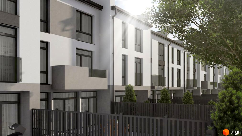 Зовнішній вигляд таунхаусів DreamVille з великими вікнами та балконами, огороджених парканом. Навколо розташовані дерева та кущі.