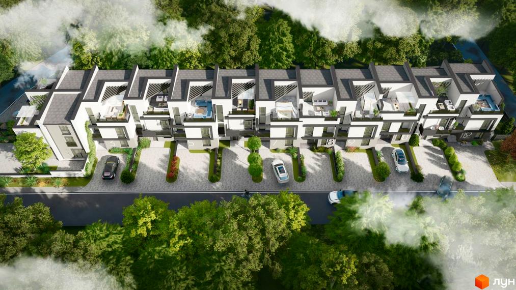 Таунхауси DreamVille з білими фасадами та темними дахами, розташовані вздовж дороги з зеленими деревами та паркінгом.