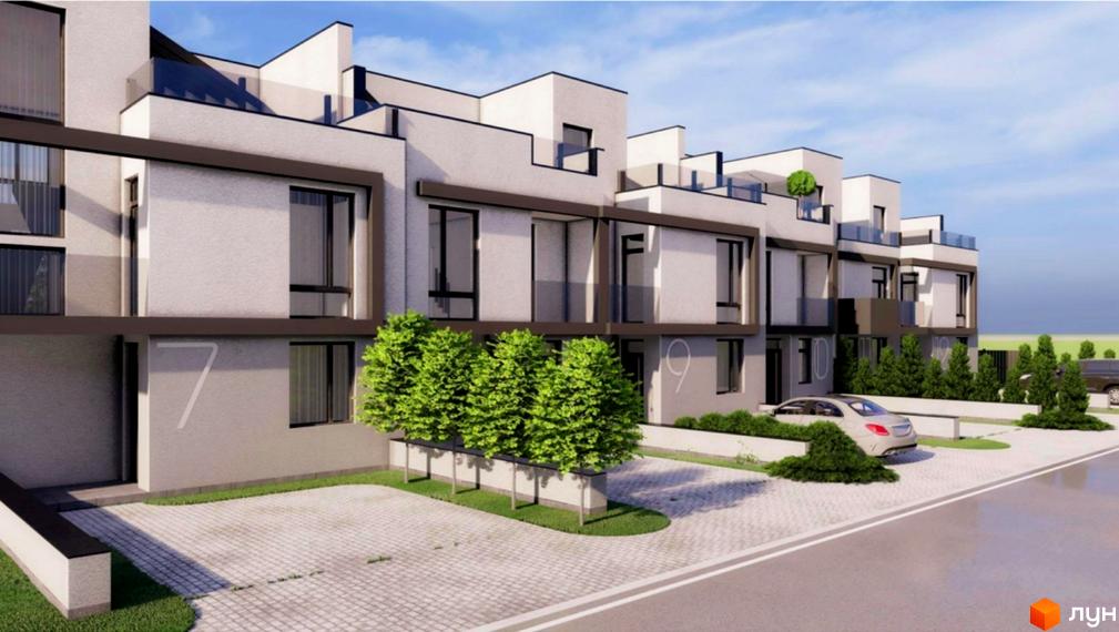 Зовнішній вигляд таунхаусів DreamVille з сірим фасадом, великими вікнами та скляними балконами. Прибудинкова територія з бруківкою та зеленими насадженнями.