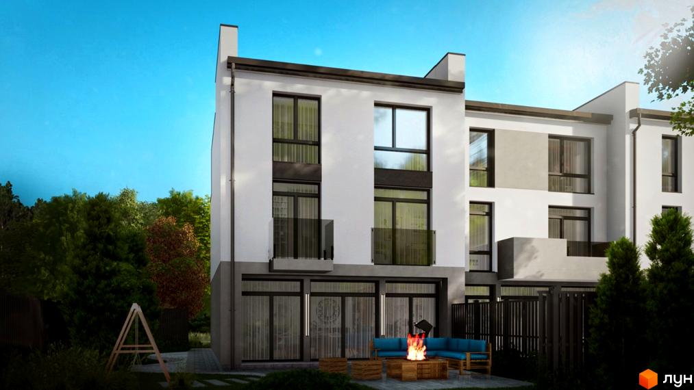 Зовнішній вигляд таунхаусів DreamVille з великими вікнами та балконами, поруч розташований двір з зоною відпочинку та зеленими насадженнями.