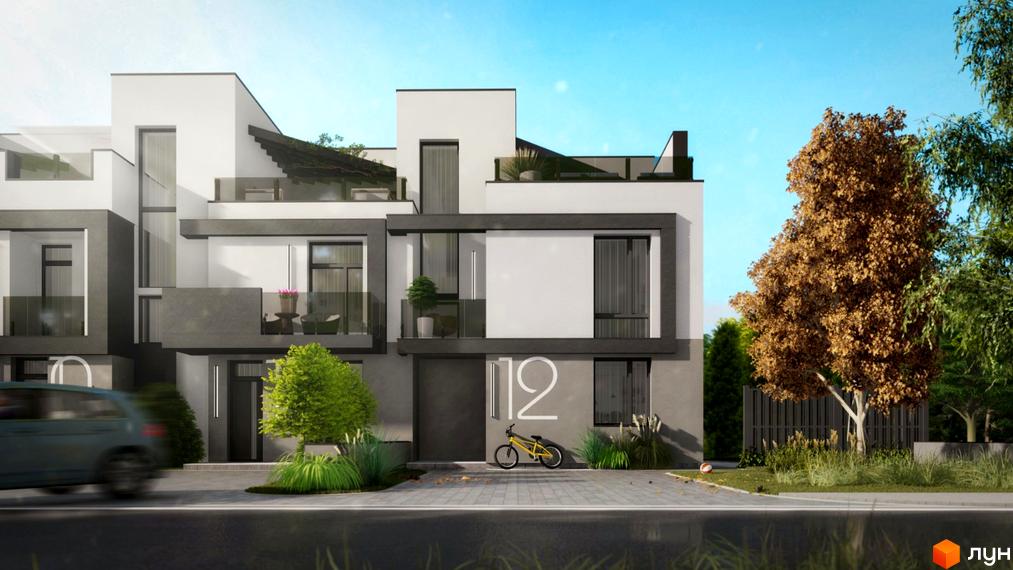 Таунхауси DreamVille з сірими та білими фасадами, великими вікнами та балконами, на тлі зелені та блакитного неба. Перед будинком велосипед та автомобіль.