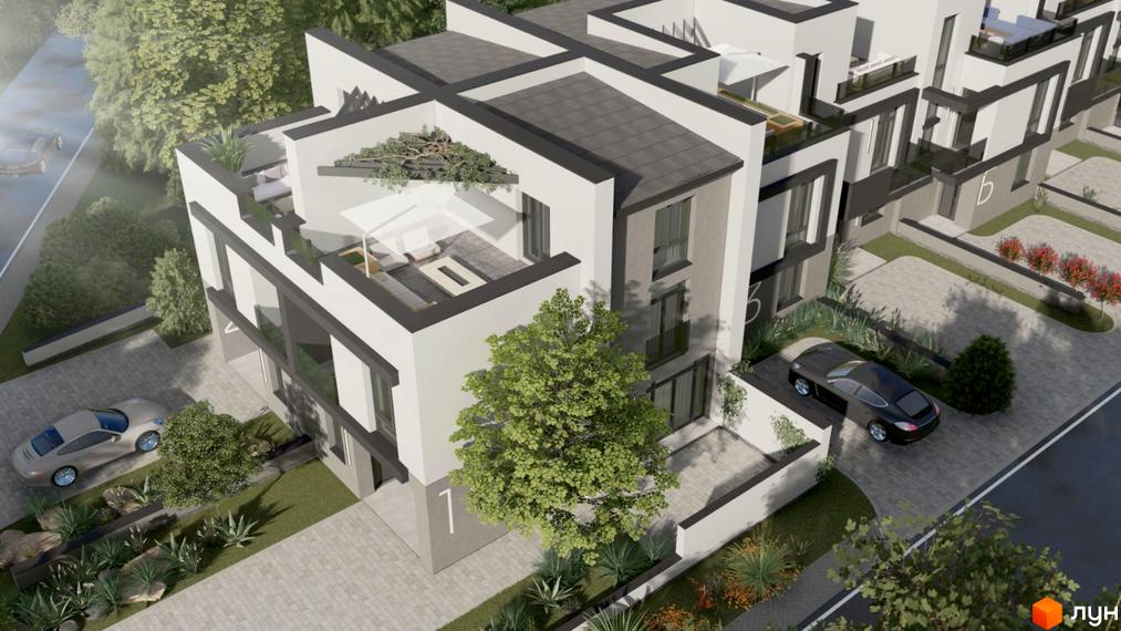 Зовнішній вигляд таунхаусів DreamVille з терасами та приватними двориками. На прибудинковій території розташовані автомобілі та зелені насадження.