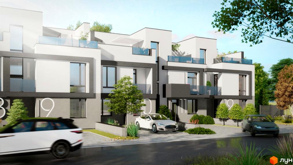Таунхауси DreamVille з білими фасадами та темними елементами, балконами та парковкою біля будинку. Навколо зелені дерева та доглянута територія.