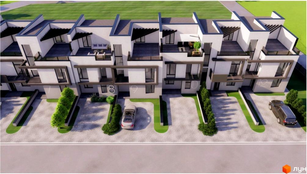 Таунхауси DreamVille з білими фасадами та темними елементами, з терасами та паркінгом. Навколо будівель зелені насадження та вимощені доріжки.