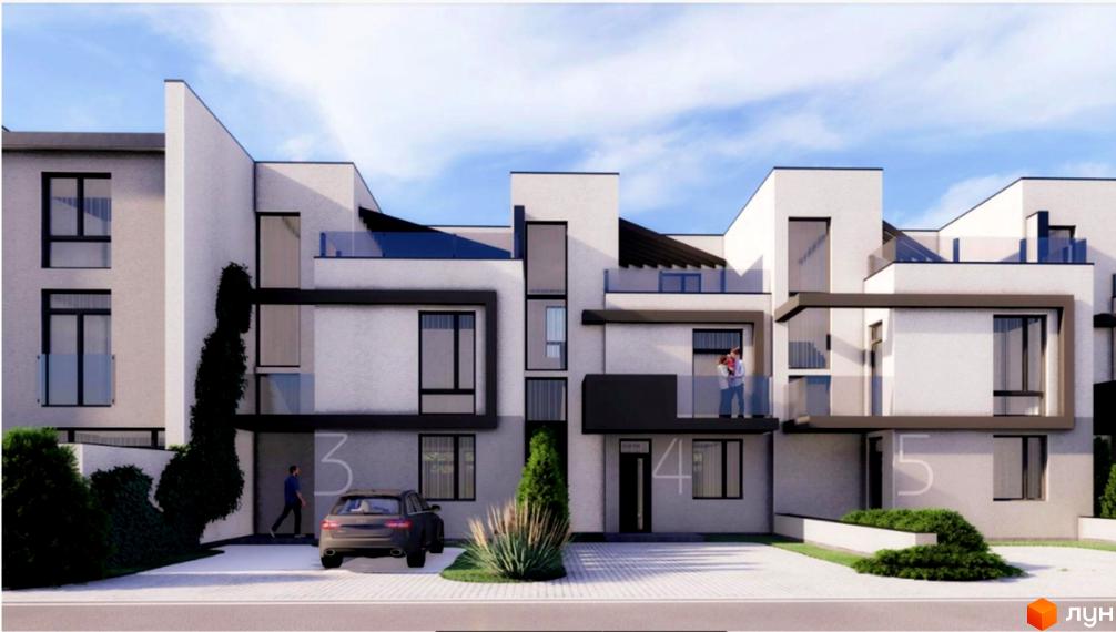 Зовнішній вигляд таунхаусів DreamVille з великими вікнами та скляними балконами. Прибудинкова територія з доглянутими кущами та автомобілем.