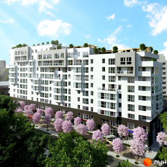 Зображення фасаду та прибудинкової території Житлового комплексу Вишневий Сад. Висотна будівля з великою кількістю вікон та озелененням.