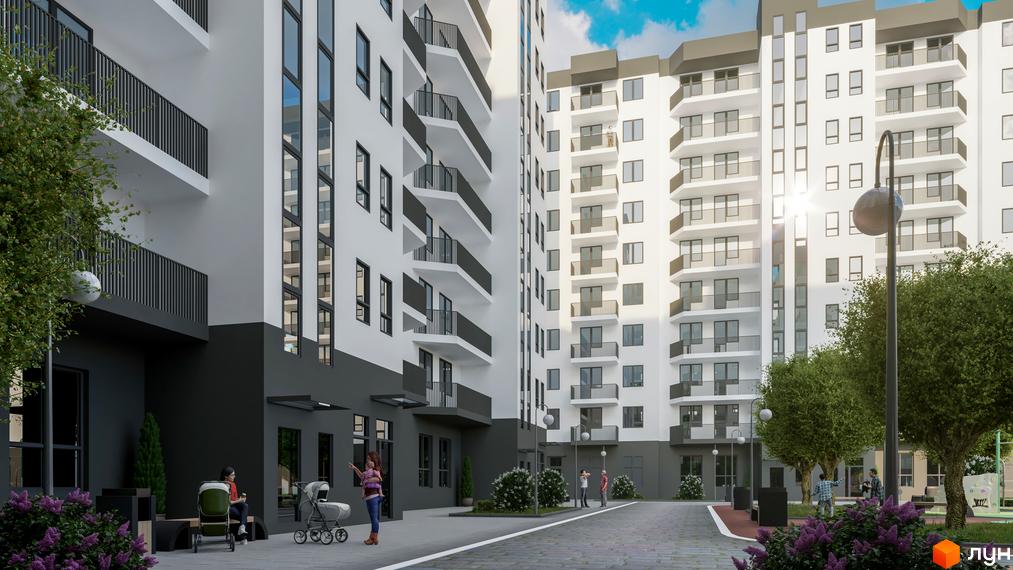 Зовнішній вигляд новобудови ЖК Олексіївський з балконами та великими вікнами, прибудинкова територія з деревами та дитячим майданчиком.