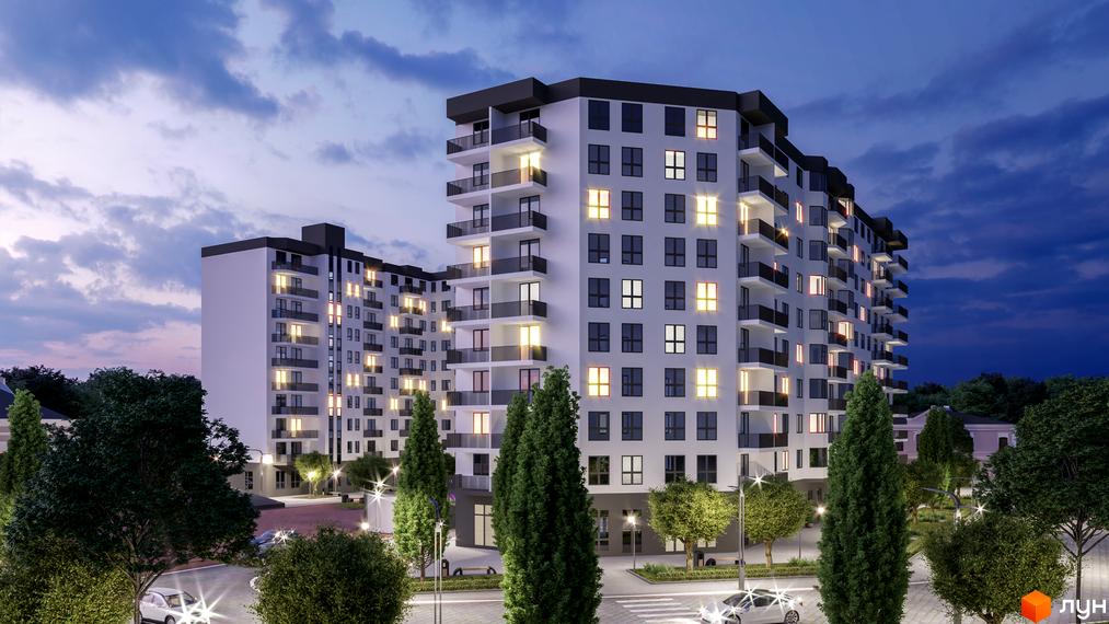 Житловий комплекс Олексіївський – це сучасна новобудова з елегантними фасадами та просторими балконами, оточена доглянутою прибудинковою територією з деревами та освітленням.