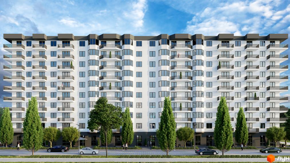 Фасад новобудови ЖК Олексіївський з численними балконами та панорамними вікнами. Перед будинком зелена зона з деревами та дорогою з автомобілями.