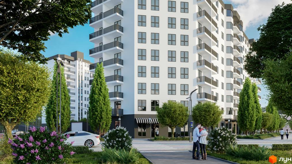 Житловий комплекс Олексіївський – це сучасна новобудова з білими фасадами та балконами, розташована серед зелених дерев та квітів.