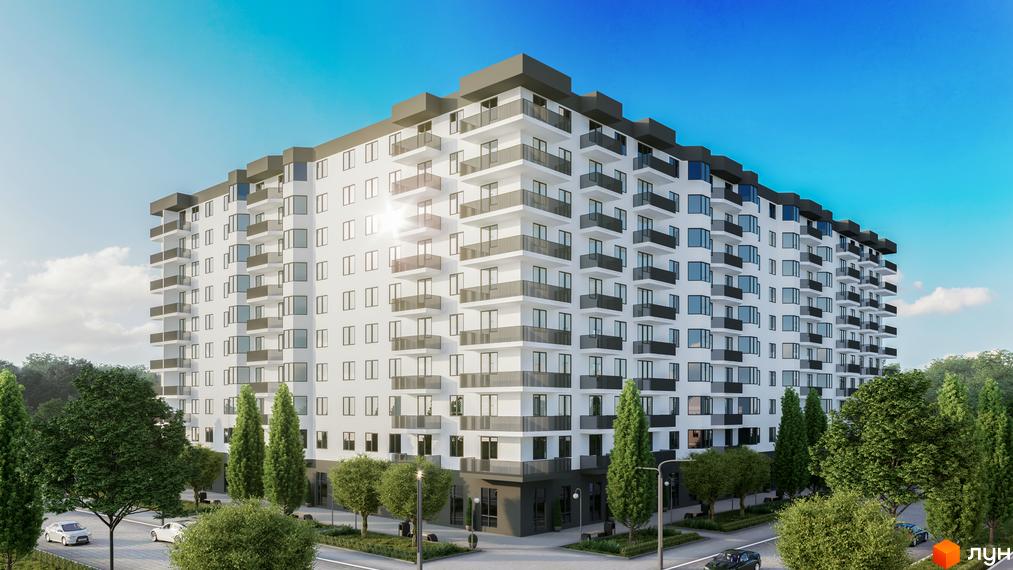 Будівельний проєкт Олексіївський - багатоповерховий будинок з балконами та панорамними вікнами, оточений деревами та з дорогою з автомобілями.