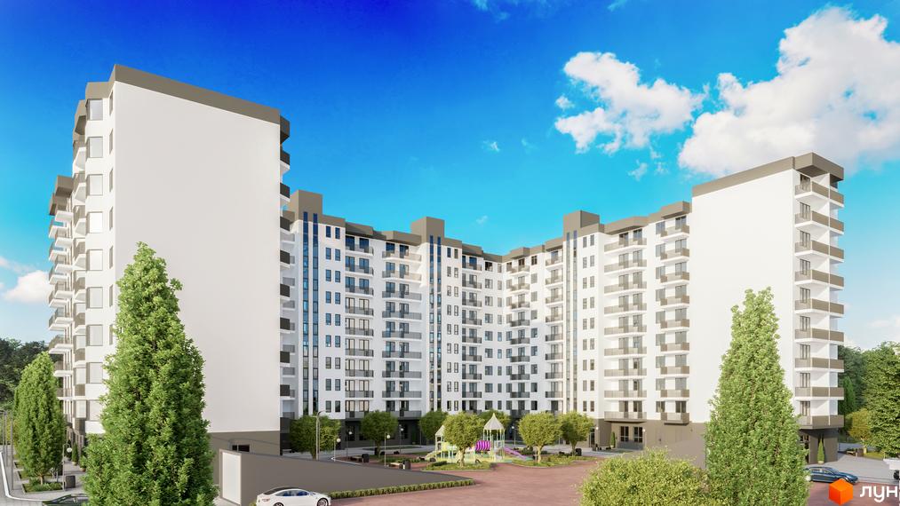 Зовнішній вигляд житлового комплексу Олексіївський з білими фасадами, балконами та сірими дахами. На прибудинковій території розташований дитячий майданчик та зелені насадження.