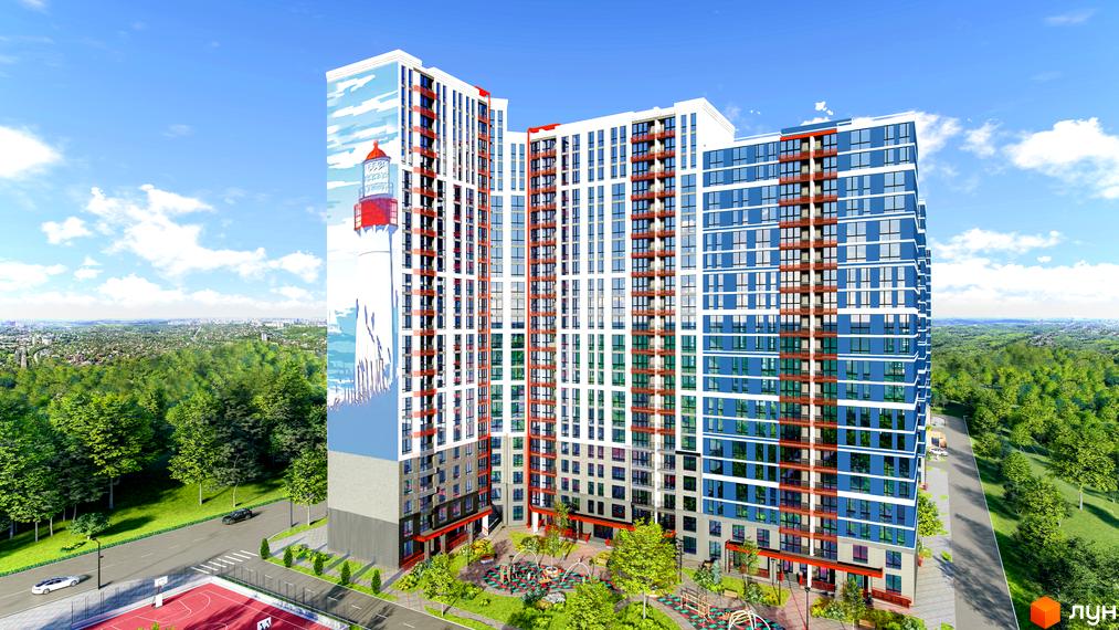 Житловий комплекс Причал 8 з фасадом, прикрашеним зображенням маяка, та зеленою прибудинковою територією з дитячим майданчиком.