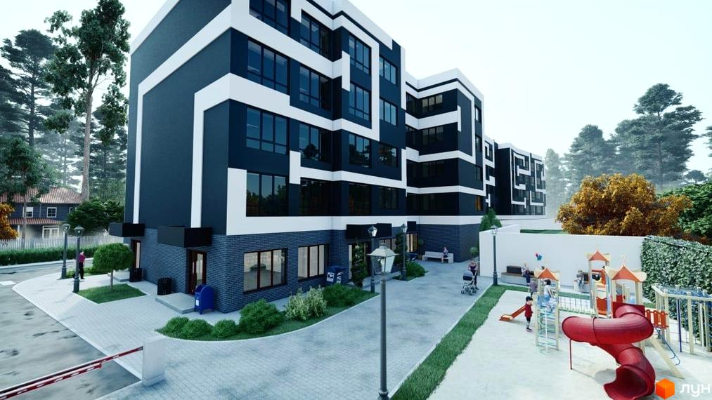 Зображення фасаду та прибудинкової території Житлового комплексу Новатор. На території є дитячий майданчик.