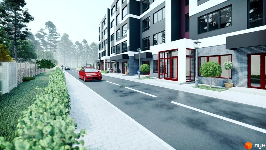 Зображення фасаду ЖК Новатор з великими вікнами та прибудинковою територією. Перед будинком дорога з розміткою та тротуар.