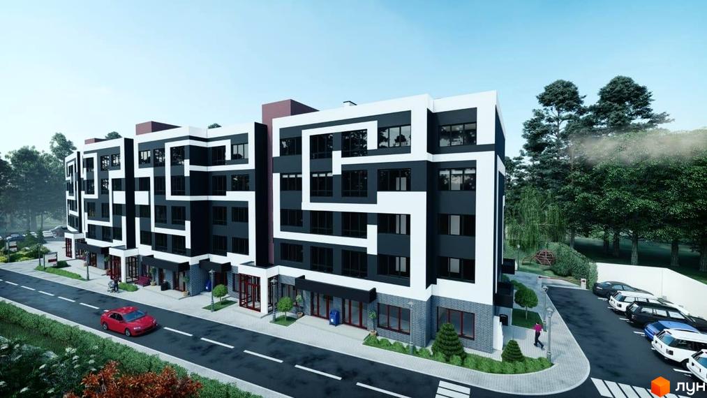 Зовнішній вигляд Житлового комплексу Новатор, багатоповерховий будинок з прибудинковою територією та паркінгом.